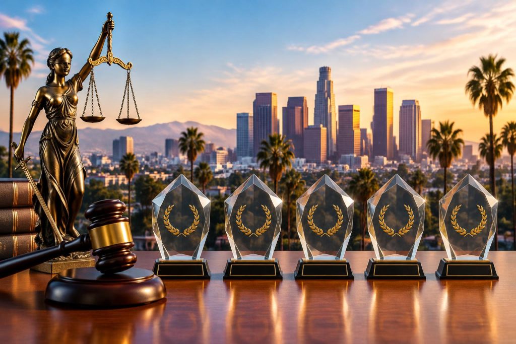 Award-Winning Employment Lawyers in Los Angeles: 5 Firms Compared (2026) Los Angeles skyline with legal scales highlighting top employment law firms comparison